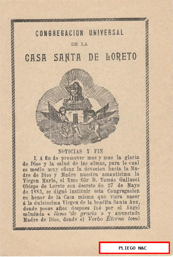Folleto Religioso (2 hojas 14x9,5) Congregación universal de la Casa Santa de Loreto. 1905