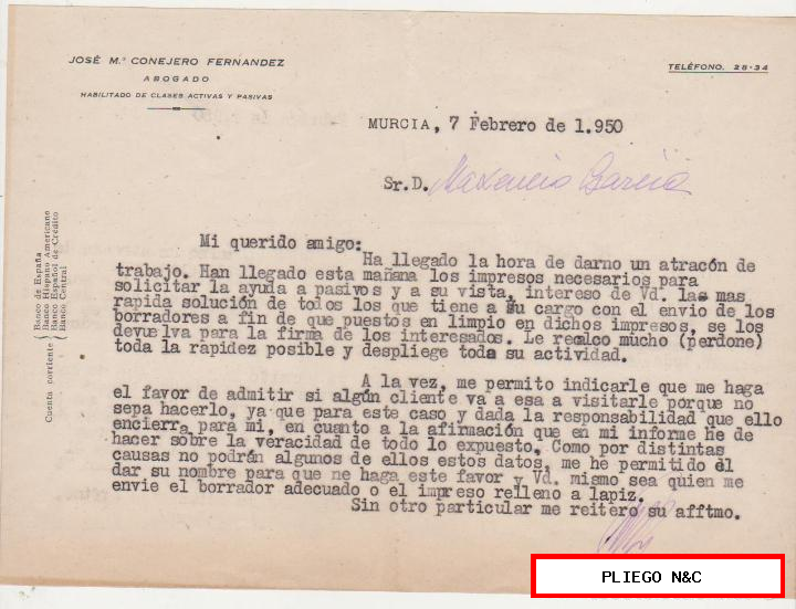 papel de carta con membrete. De Murcia a jumilla del 7 febrero 1950