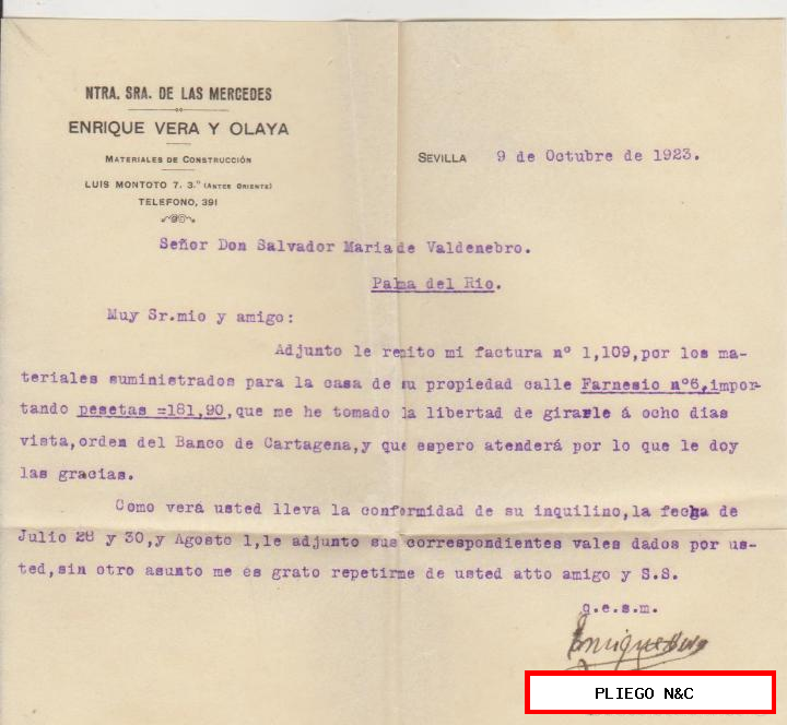 factura con membrete. Ntra. Sra. De las mercedes. Materiales de construcción. Sevilla 1923