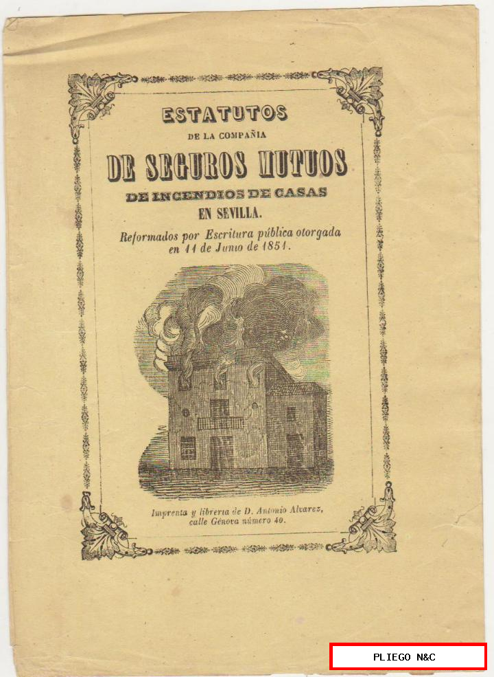 estatutos de la compañía de seguros mutuos de incendios de casas en Sevilla. De 1851. 2 hojas, firmado belloc