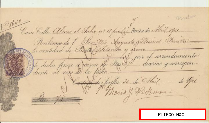 recibo de alquiler con membrete (pickman y co) cartuja de Sevilla 1901. Con timbre móvil 1901
