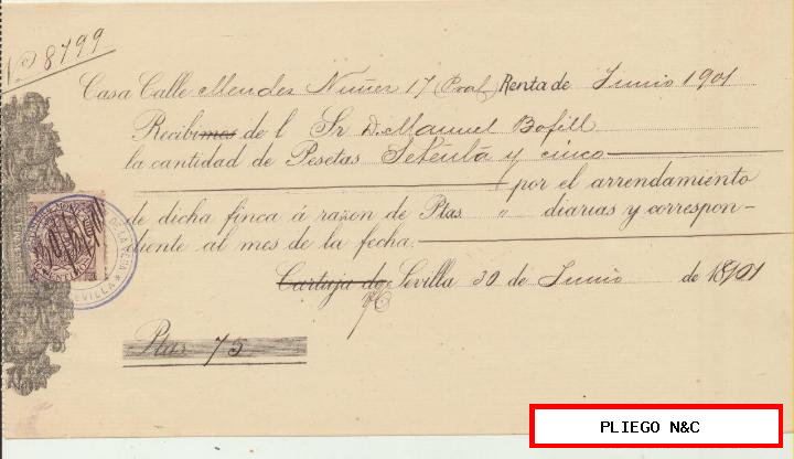 recibo de alquiler con membrete (pickman y co) cartuja de Sevilla 1901. Con timbre móvil 1901