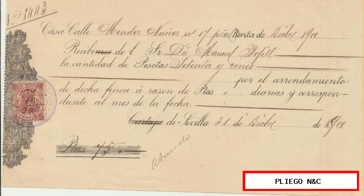 recibo de alquiler con membrete (pickman y co) cartuja de Sevilla 1900. Con timbre móvil 1900