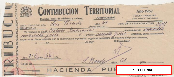 contribución territorial. Recibo de cobro. Sevilla año 1937