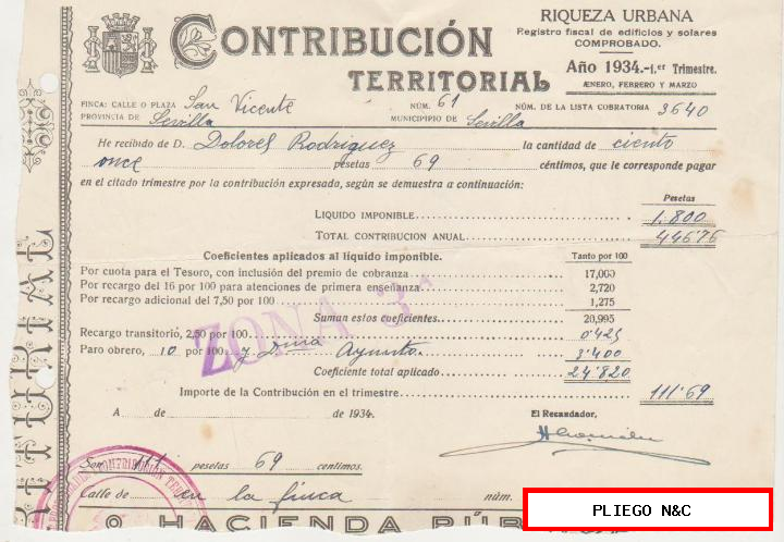 contribución territorial. Recibo de cobro. Sevilla año 1934