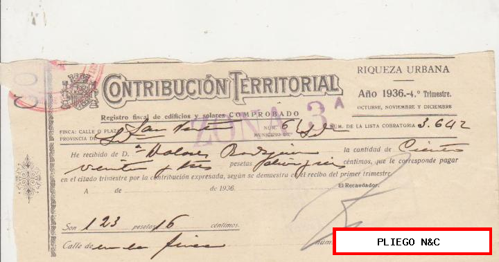 contribución territorial. Recibo de cobro. Sevilla año 1936