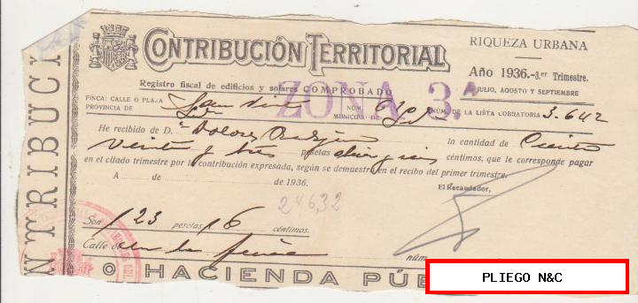 contribución territorial. Recibo de cobro. Sevilla año 1936