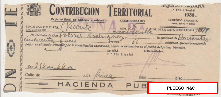 contribución territorial. Recibo de cobro. Sevilla iii año triunfal 1938