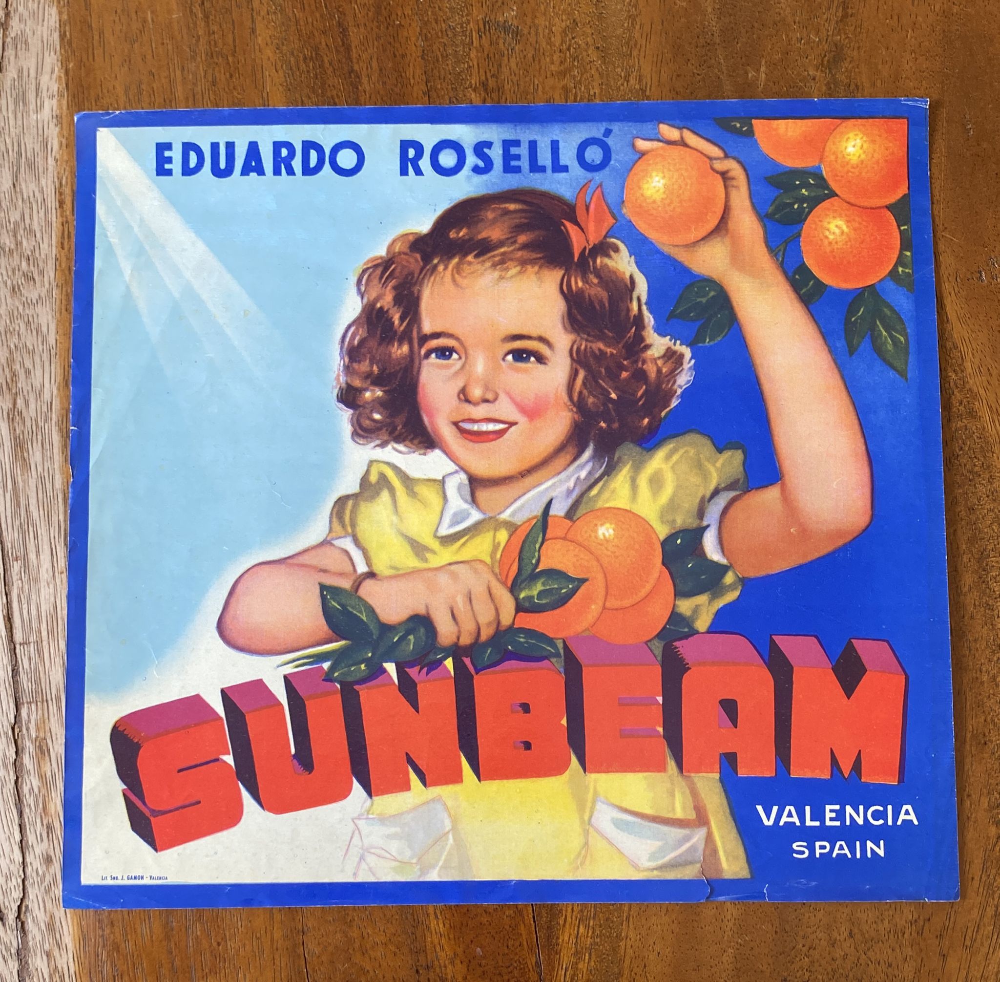 Sunbeam. Etiqueta (25x28 cms.) E. Roselló, Valencia