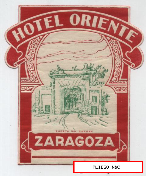 Zaragoza-Hotel Oriente. Etiqueta con goma