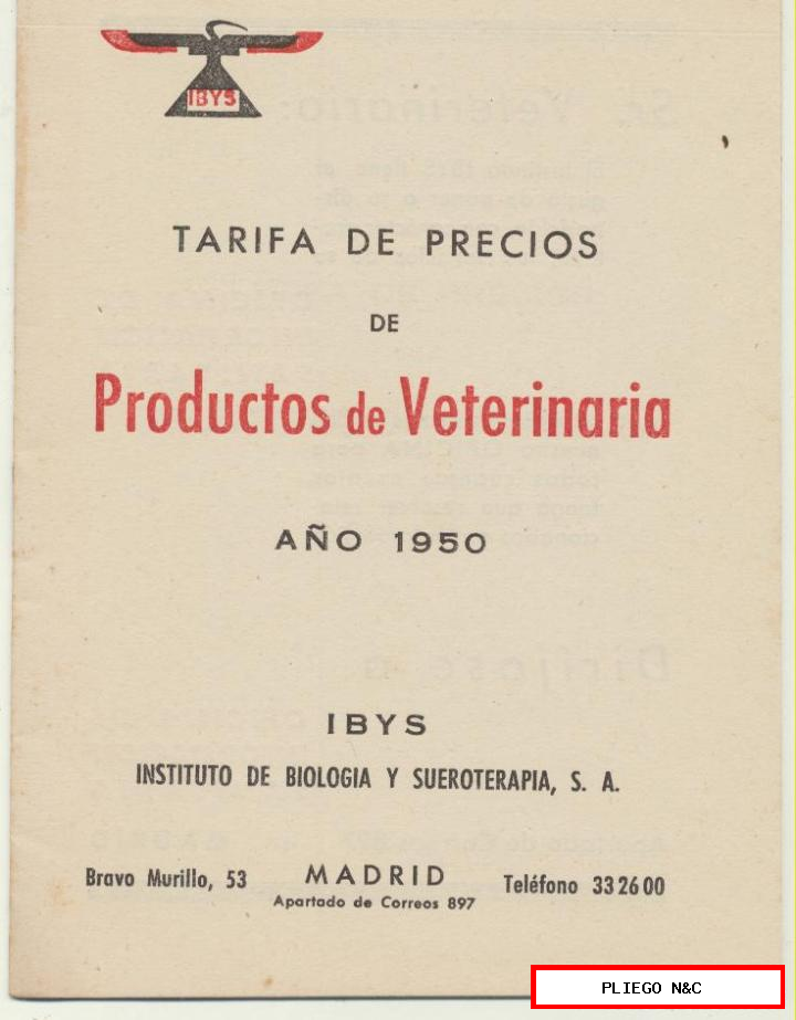 tarifa de precios de productos de veterinario año 1950. Ibys