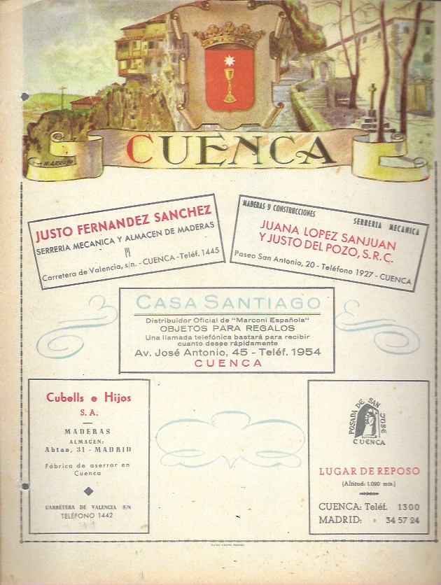 Mateu-Cromo. Lámina con publicidad y mapa de la provincia de Cuenca