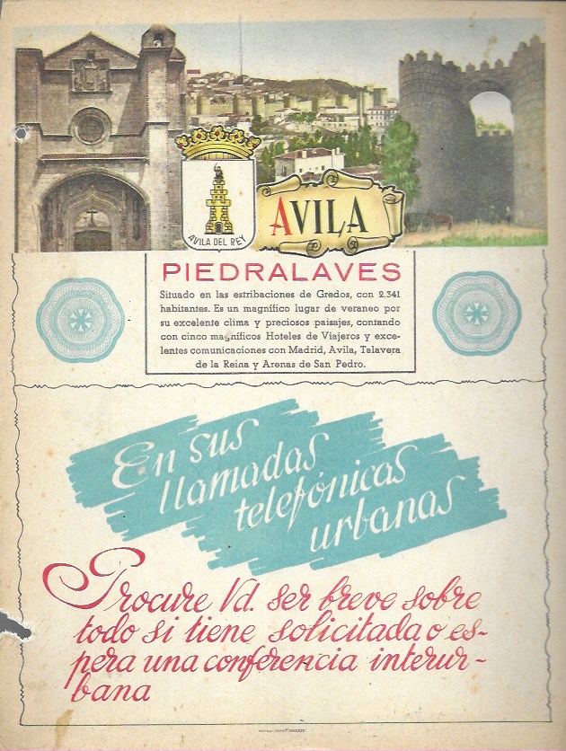 Mateu-Cromo. Lámina con publicidad y mapa de la provincia de Ávila