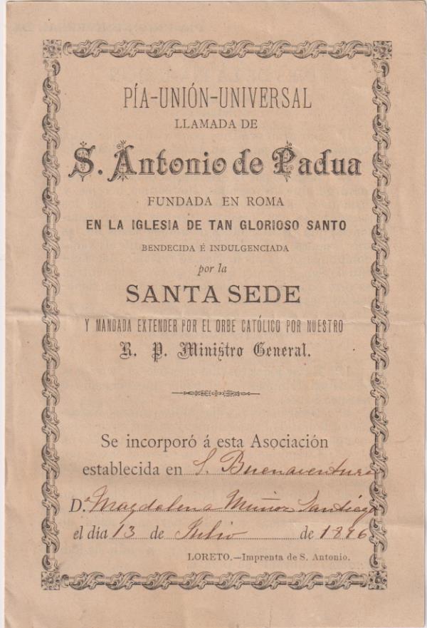 Pía-Unión-Universal llamada de S. Antonio de Padua. San Buenaventura, Sevilla 1896. Doble hoja (15,5x10,5)