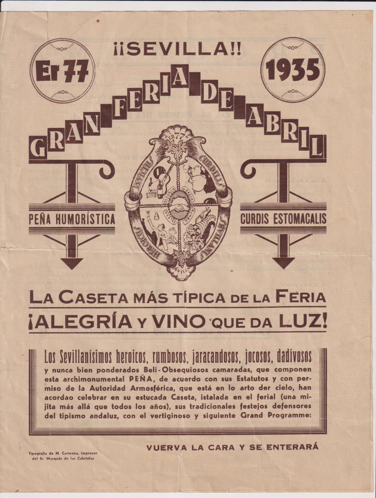 Peña Er 77. Gran Feria de Abril de 1935. Doble hoja (38x31) Sevilla