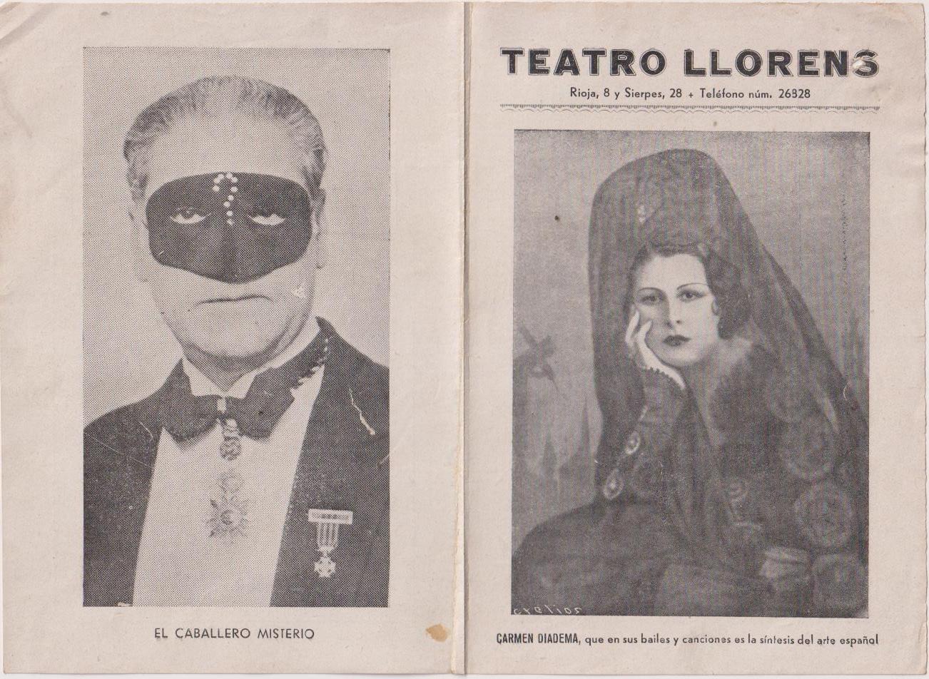 Teatro Llorens. Programa doble. 29 Abril 1938. Carmen Diadema. El Caballero Misterio