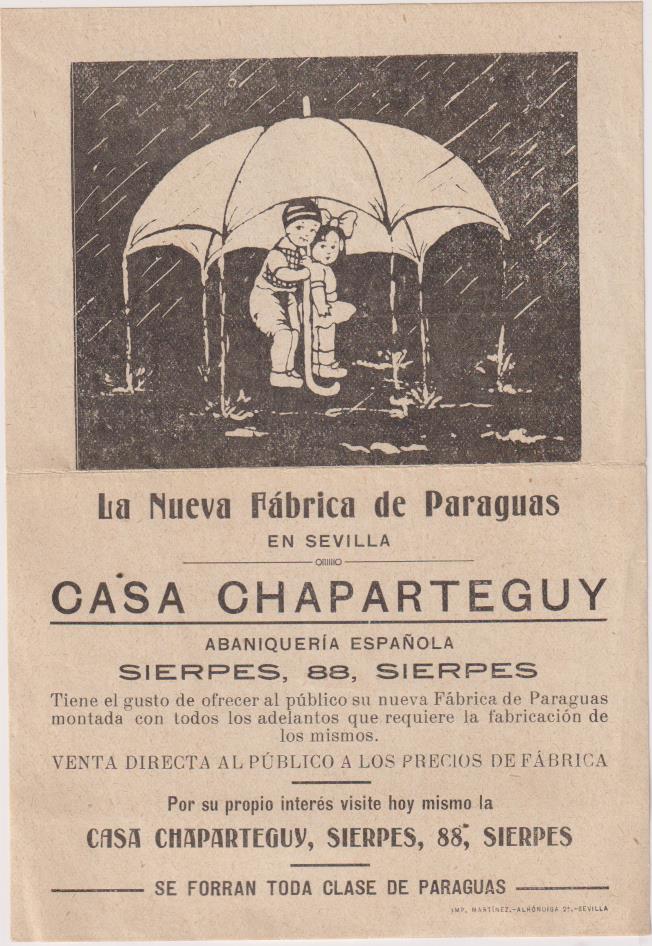 Papel (18x12) La Nueva Fábrica de Paraguas en Sevilla. Casa Chaparteguy. Sierpes, 88