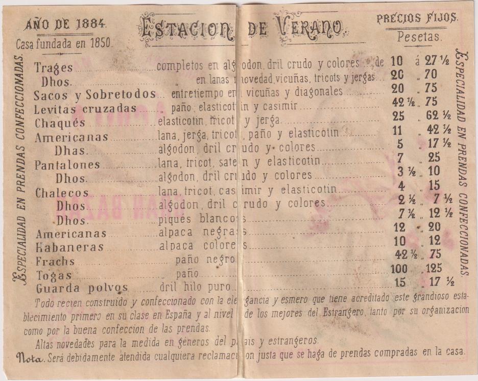 El Águila. Gran Bazar de Ropas hechas. Sevilla y Cádiz. Lista de Precios de 1884