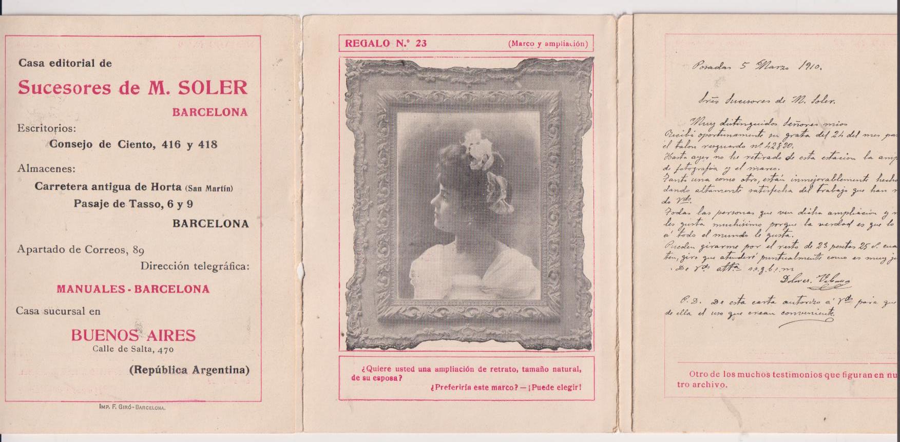 Publicidad de Sucesores de M. Soler. u Hojas en acordeón, 1910