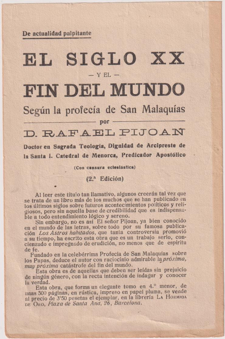 El Siglo XX y el Fin del Mundo. 2ª Edici. Publicidad (18,5x12) La Hormiga de Oro 1920
