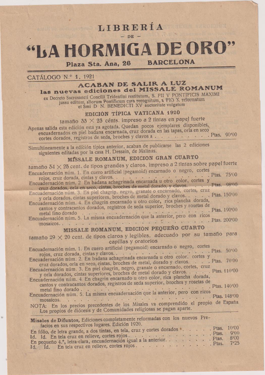 Librería La Hormiga de Oro. Catálogo nº 1. Año 1921