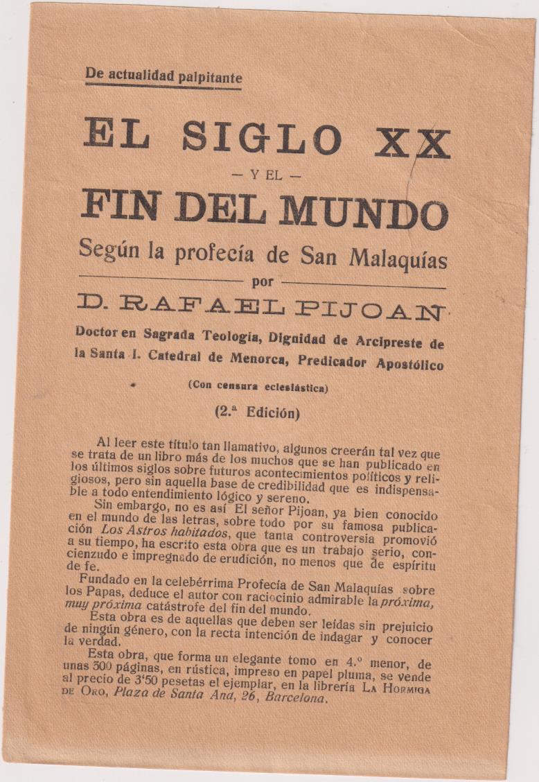El Siglo XX y el Fin del Mundo. 2ª Edici. Publicidad (18,5x12) La Hormiga de Oro 1920