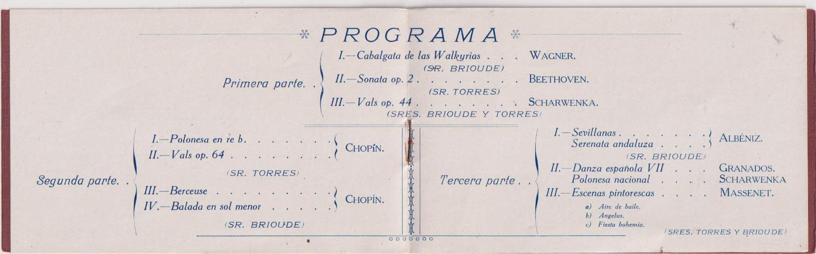 Programa del Concierto Torres y Brioude. Día 25 Octubre de 1914. Sanlúcar la Mayor