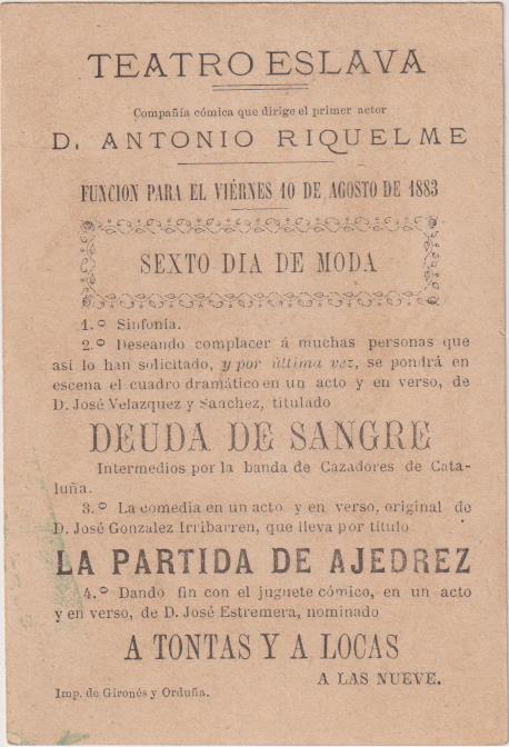 Tarjeta. Teatro Eslava, Sevilla. Compañía de D. Antonio Riquelme. 10 Agosto 1883: -