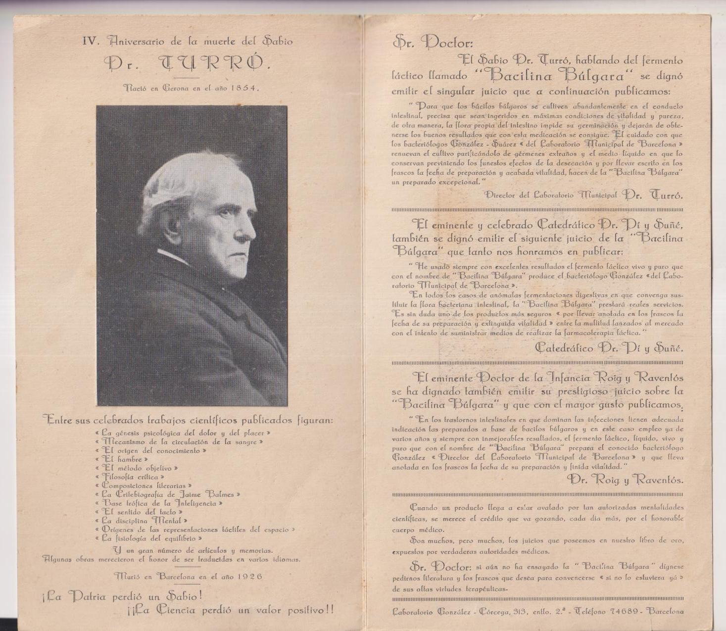 IV Centenario de la muerte del Sabio Dr. Turro. Franqueado con sello Céntimos verde de Alfonso XIII