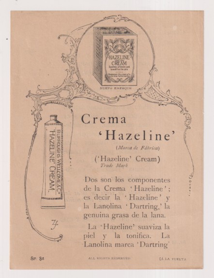 Crema Hazeline. Folleto de publicidad