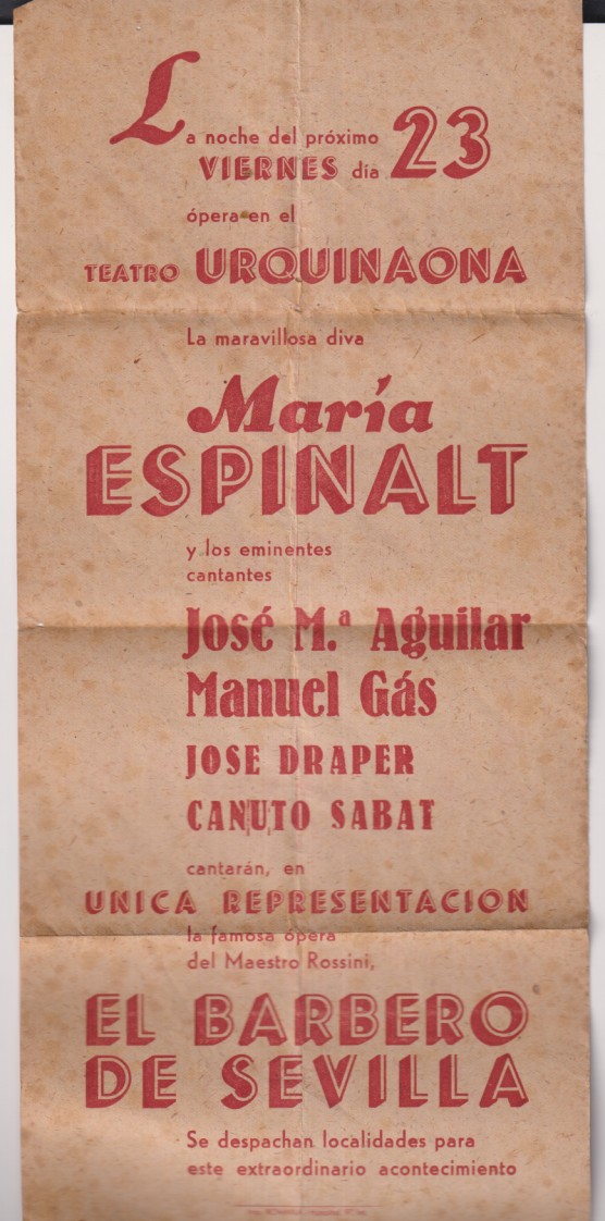 Cartel o programa de mano (30x14) Teatro Urquinaona. Barcelona