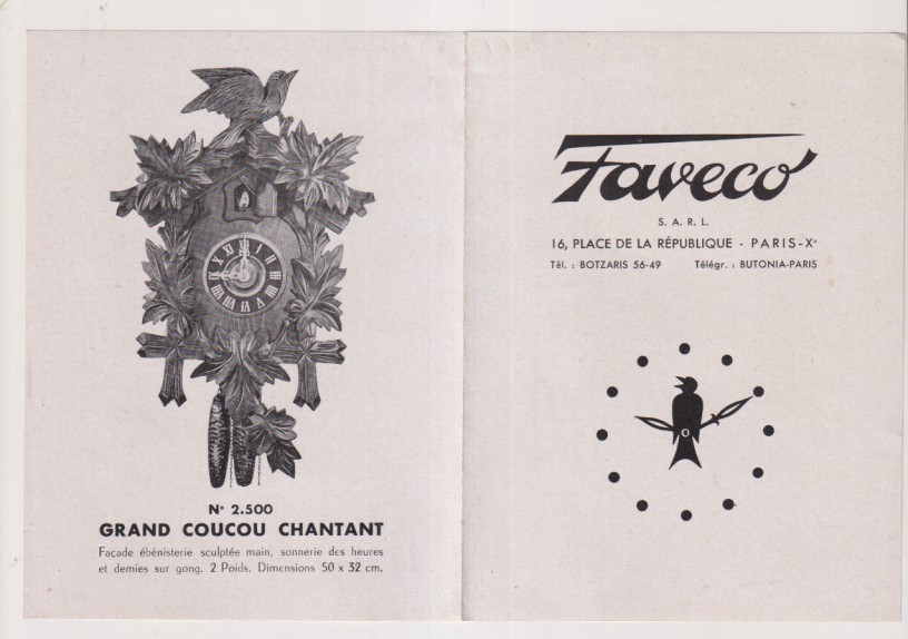 Folleto Publicitario de Faveco. Relojes de Cucú. Paris