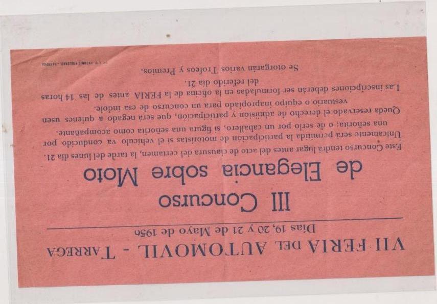 Folleto Publicitario o pequeño cartel de mano. VII Feria del automóvil. Tárrega. del 19 al 21 de mayo de 1956