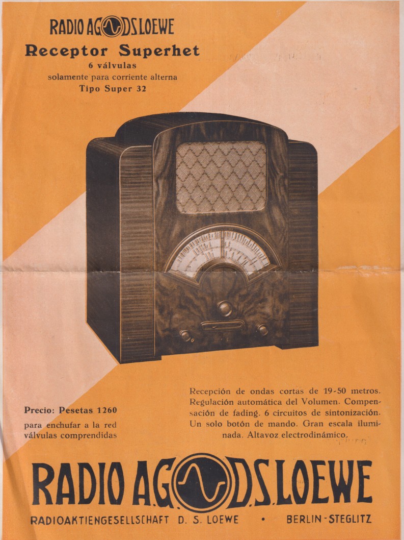 Hoja Publicitaria (29x22 cm.) de receptor tipo 32. de 6 Válvulas. Representantes para España Vogel y matas s.a. Años 30