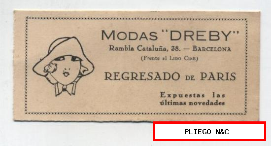 Tarjeta (4,5x9,5) Publicidad de Modas Dreby. Rambla Cataluña 38-Barcelona
