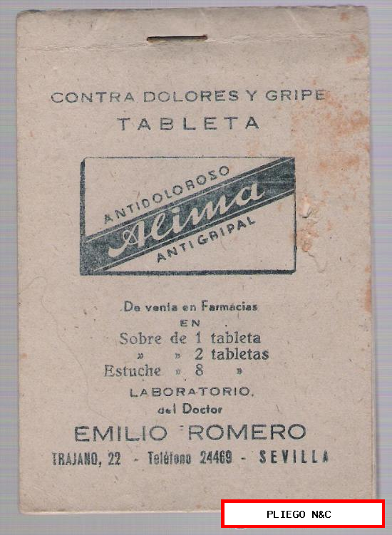 Pequeña libreta de notas. Publicidad de Antidoloroso Alima. Laboratorios del Doctor Romero-Sevilla