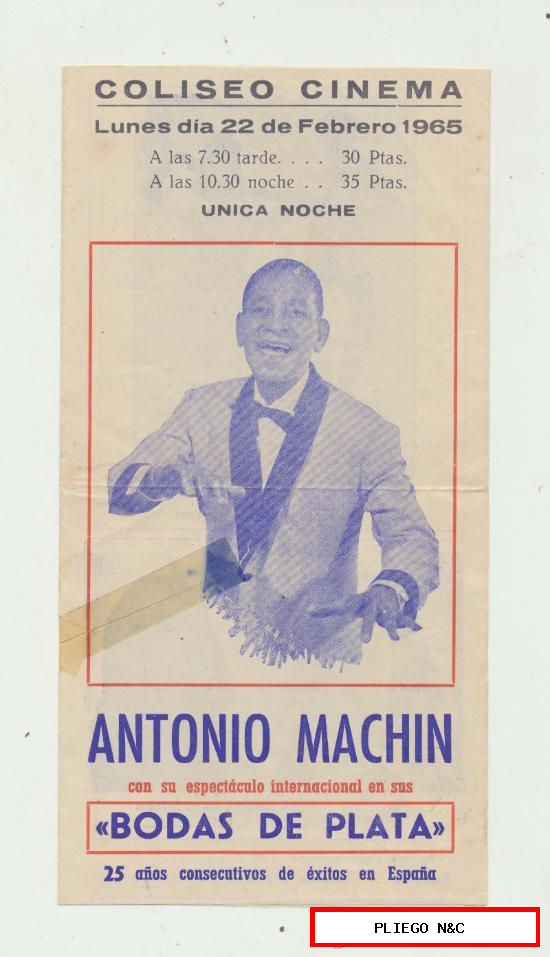 Programa tríptico del Espectáculo Bodas de Plata. Antonio Machín. Coliseo Cinema. Febrero 1965