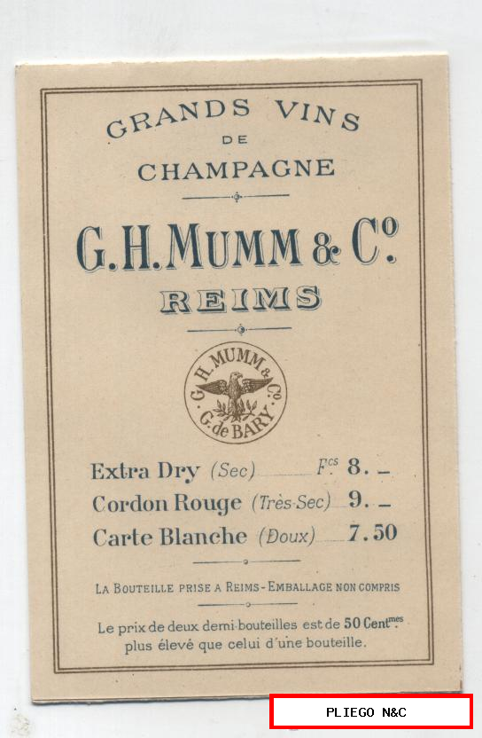 Champagne G. H. Mumm & Co. Tríptico (12x8) publicidad y precios para 1901. En Sevilla