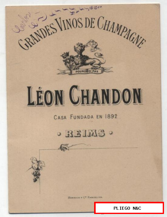 Grandes Vinos de Champagne. León Chandon. Publicidad y precios. (15,5x12)