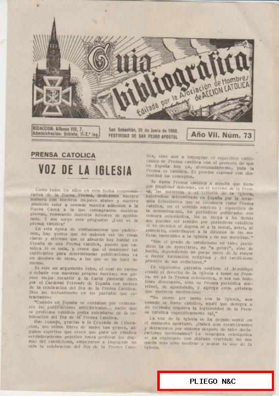 Guía Bibliográfica nº 73. San Sebastián 1950. (24x17) 4 páginas