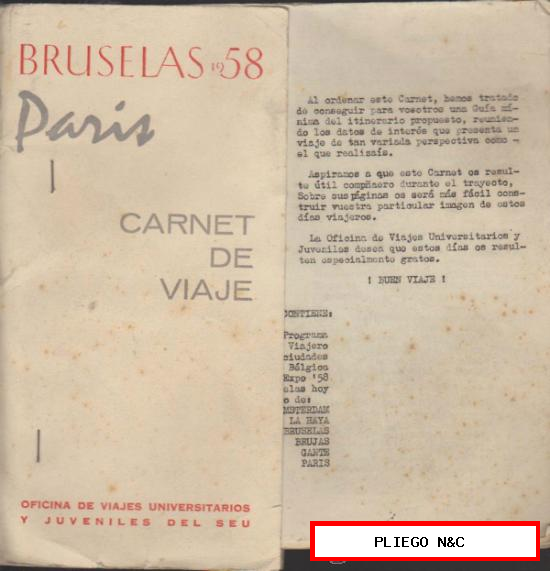 Bruselas 1958. París. Carnet de viaje. (35 hojas con mapas e itinerarios)