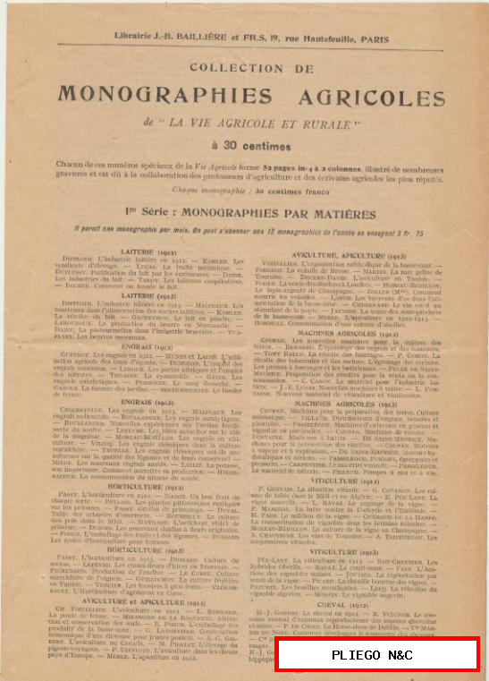 Collection de Monographies Agricoles. Librairie Bailliére-Paris 1914. (2 hojas)