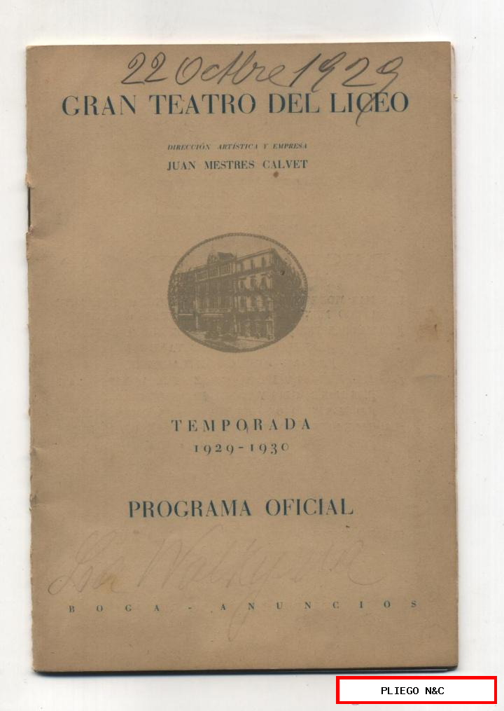 Gran Teatro Del Liceo. Temporada 1929-! 930. Programa Oficial