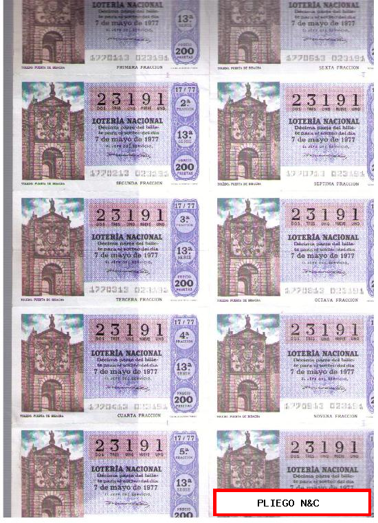Lotería. Serie 13ª del 23191. 7 Mayo 1977