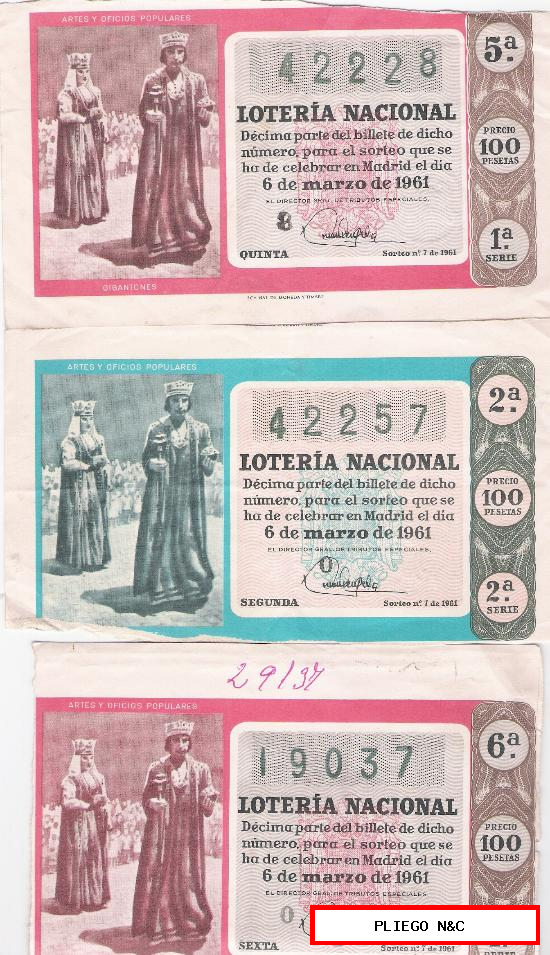 Lotería. 3 Décimos. Año 1961