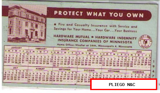 Calendario secante para 1947. Publicidad de Compañía de Seguros de Minnesota