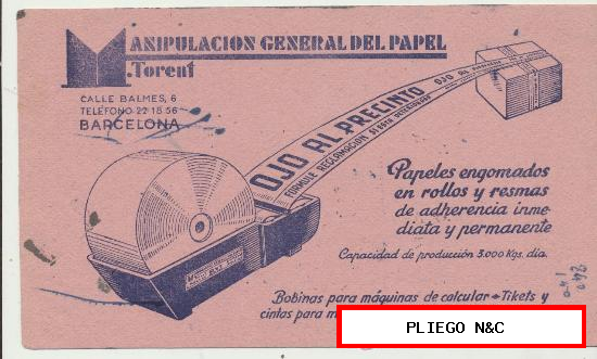 Manipulación General del Papel. M. Torent. Barcelona. Secante 12,5x21. usado
