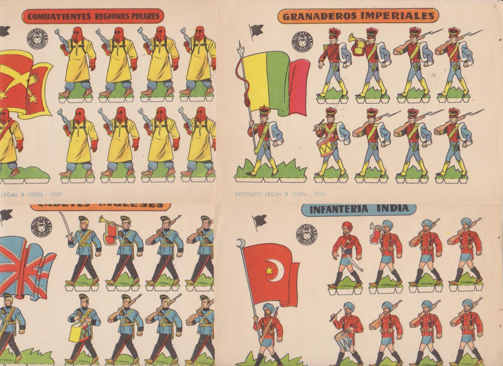 Recortables Bruguera (12x17) Cadetes Ingleses, Combatientes Regiones polares, Granaderos Imperiales. Infantería India. Año 1959