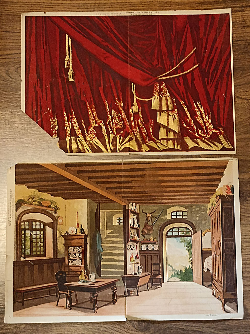 Lote de 2 láminas. Poupée Modele. Journal des petites filles, Paris 1880. Primero ( 34x24) fondo de teatro. Segundo (36x25) comedor