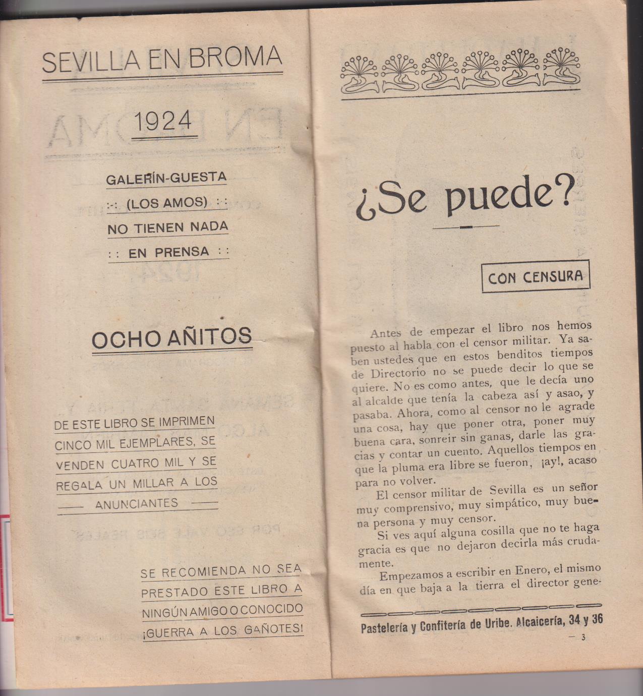 Sevilla en Broma. Guía Programa Galerín 1924. Semana Santa, Feria y Algo más...